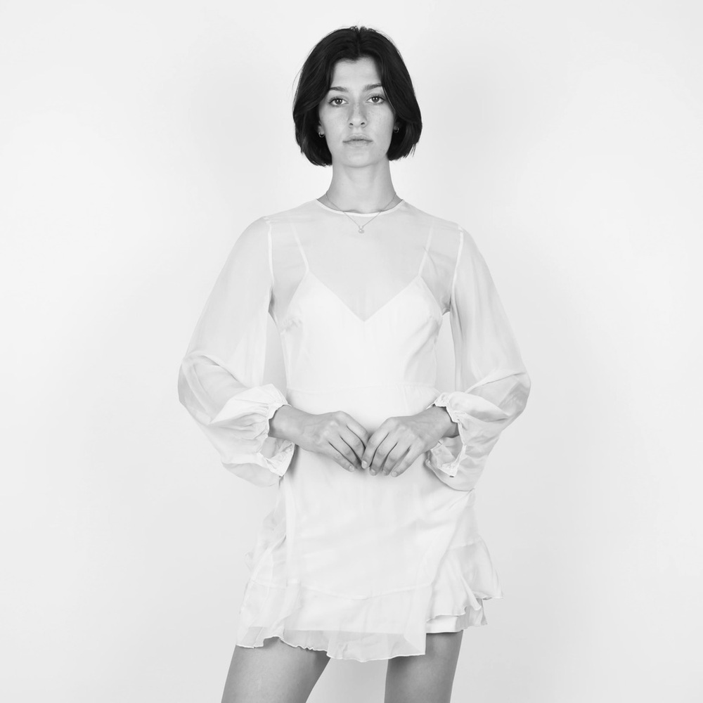 GINIA / RTW Elegant Sheer navy blue mini Dress wedding fitted balloon sleeves s